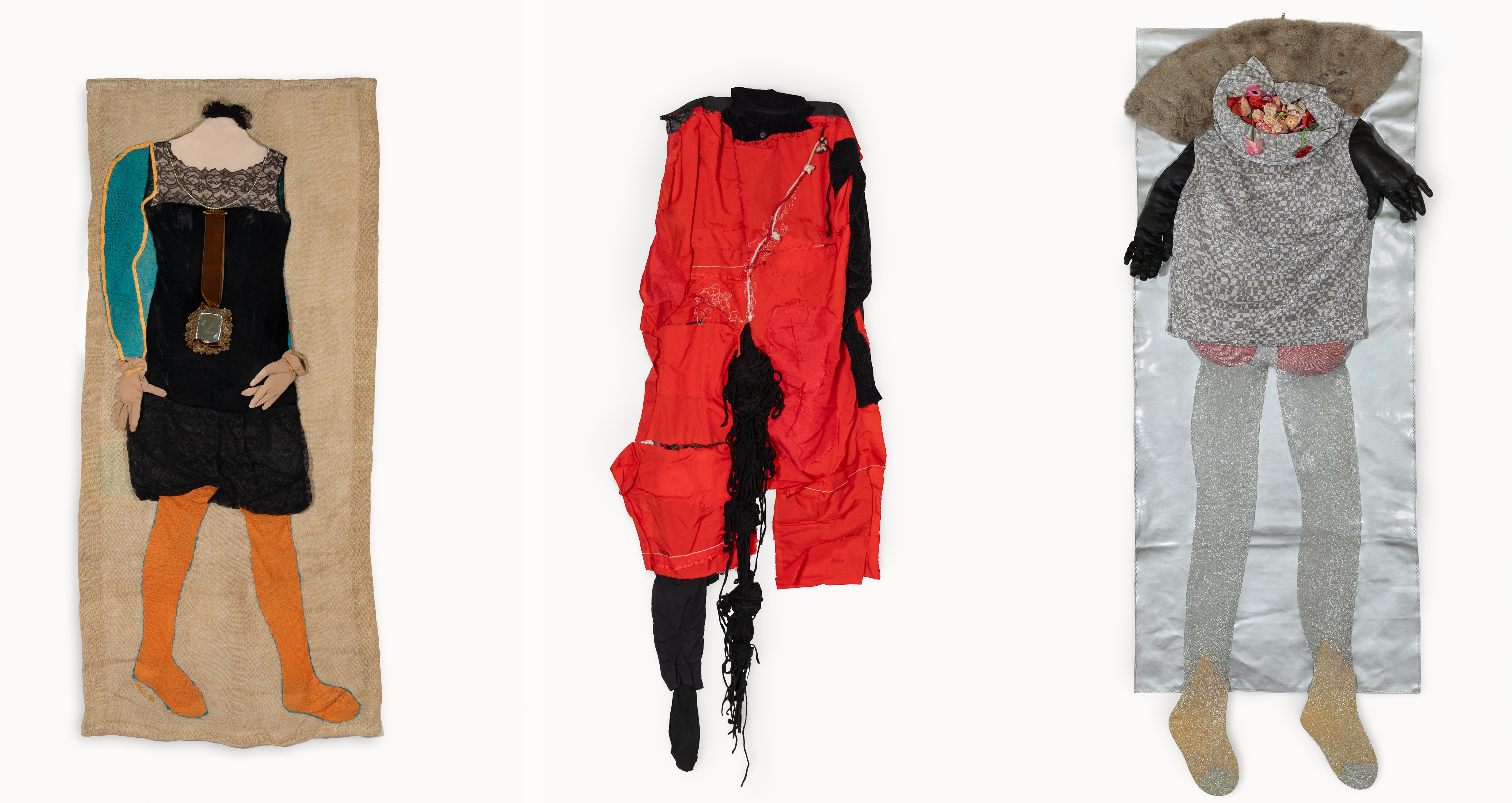 from left: 1. Mariuccia Secol, The Doll's House No 1. (Casa di Bambola [No. 1]), 1970, patchwork of clothes, cordura, jersey, tights, 170 x 77 cm © Mariuccia Secol. Photo: Magdalena Typiak 2. Mariuccia Secol, Femminicidio (Femicide), 1988, patchwork of clothes, cordura, jersey, tights, 210 x 90 cm. © Mariuccia Secol. Courtesy of the artist’s family. Photo: Magdalena Typiak 3. Mariuccia Secol, The Doll's House. (No. 5), (Casa di bambola [No- 5]), 1970, patchwork of clothes, canvas, fur, flowers, 137 x 57 cm © Mariuccia Secol. Photo: Magdalena Typiak