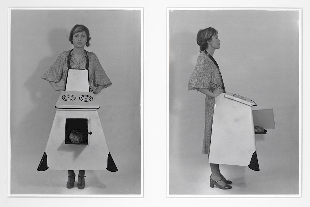 Birgit Jürgenssen, Housewives' Kitchen Apron,  1975, b/w photograph on baryta paper, diptych,  50 x 40 cm each © Estate Birgit Jürgenssen  / Bildrecht Vienna, 2026; Courtesy Galerie Hubert  Winter